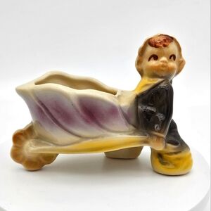 Vintage Shawnee Pottery Pixie Elf With Wheelbarrow Succulent Planter Airplant